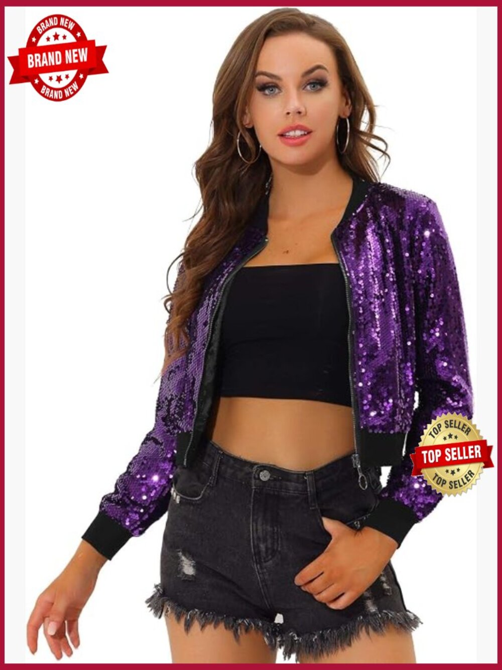 Sequined Bomber Jacket Cropped Zip Front Party Disco Outfit